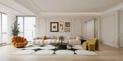 法式家居客厅 单人沙发 茶几 装饰画 绿植盆栽